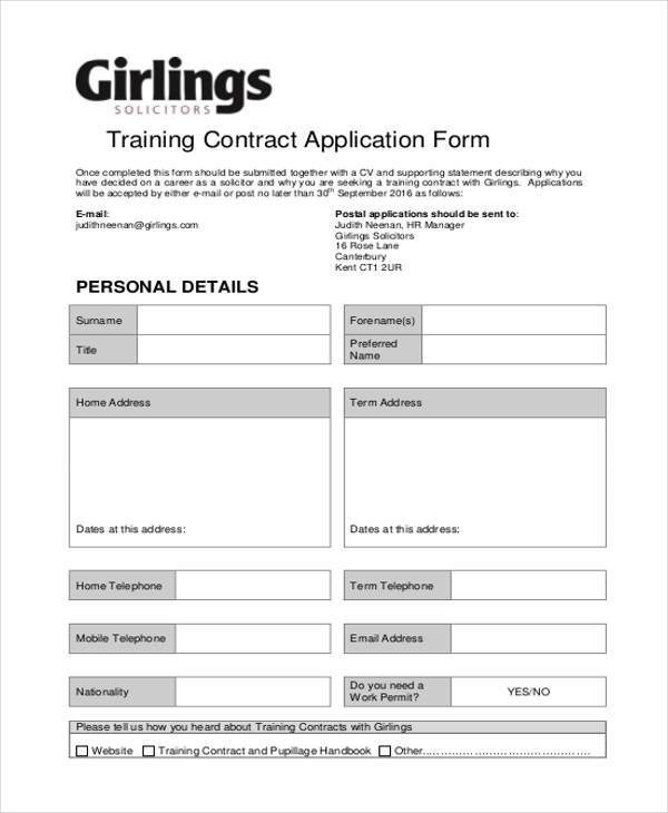 training contract application form