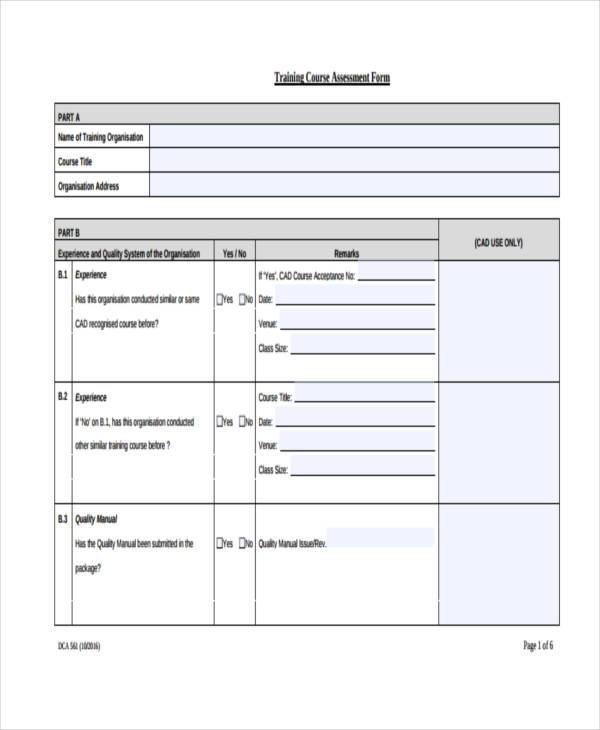 training course assessment form