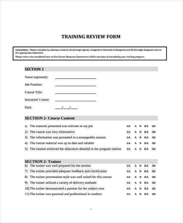 training course review form