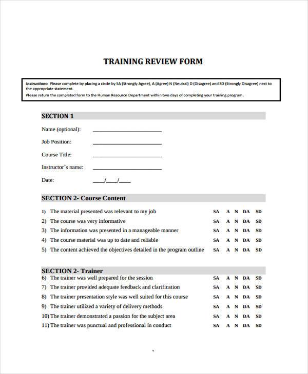 FREE 7+ Sample Training Review Forms in PDF | MS Word