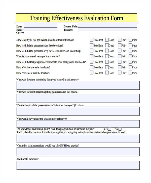 training effectiveness evaluation form