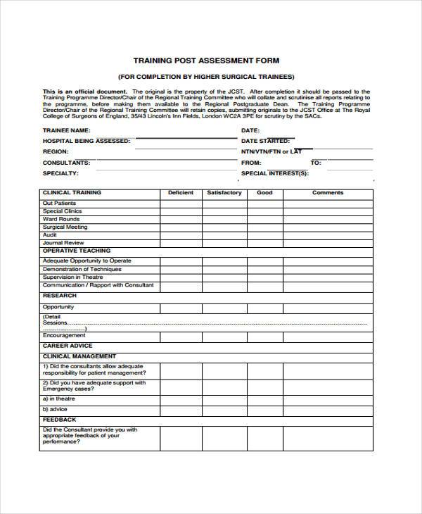 training post assessment form 