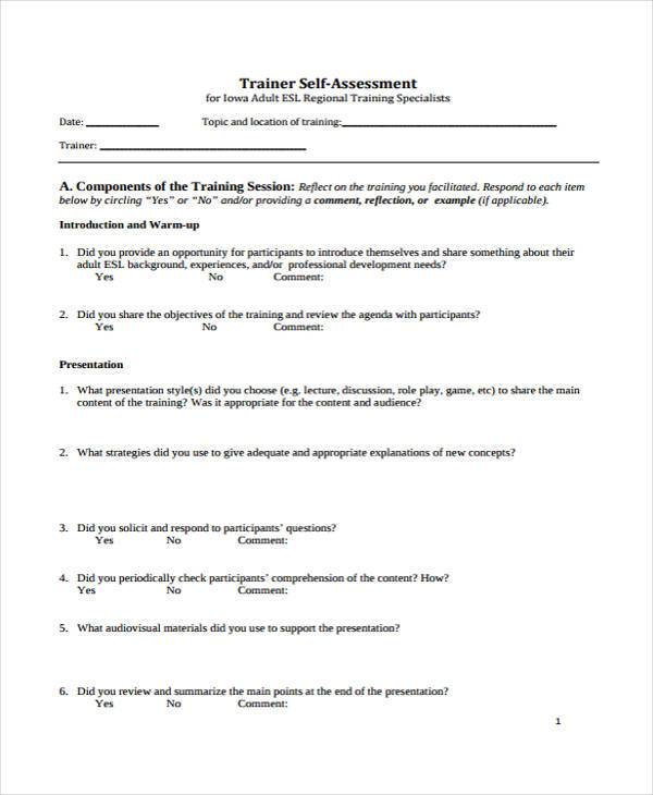 training self assessment form sample