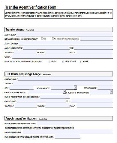 transfer agent verification form