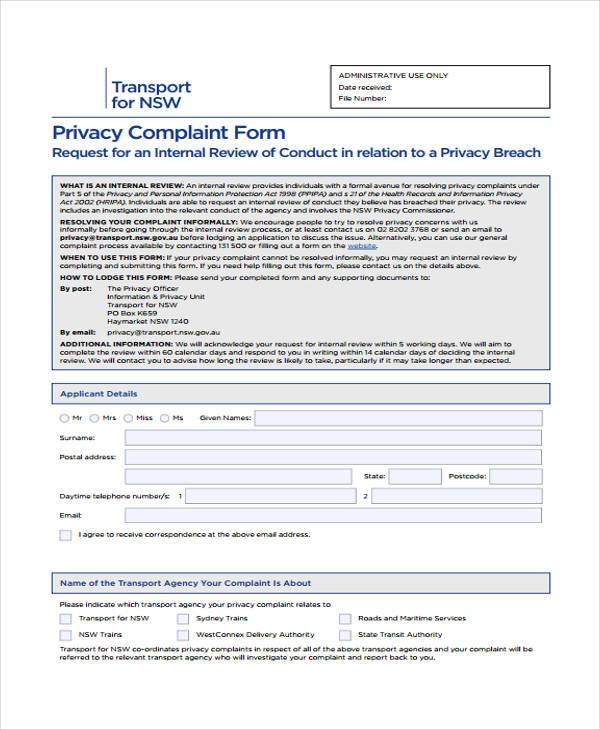 transport privacy complaint form