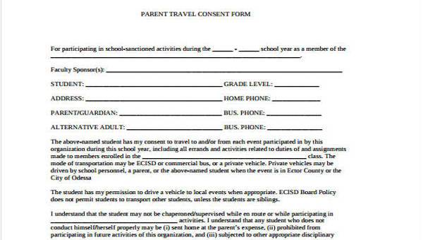 travel consent form samples