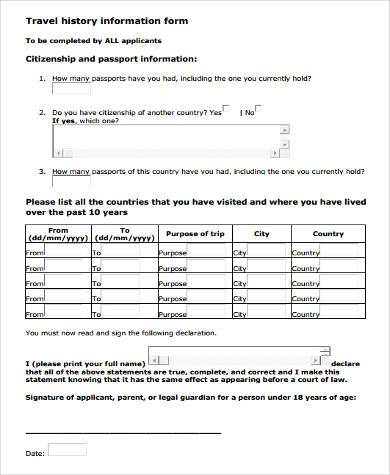 travel history form sample