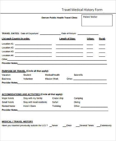 travel medical history form example