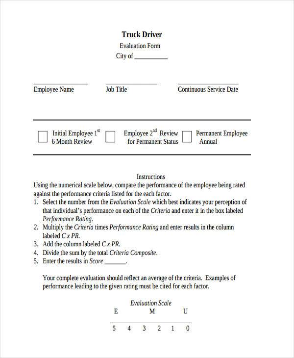 truck driver evaluation form
