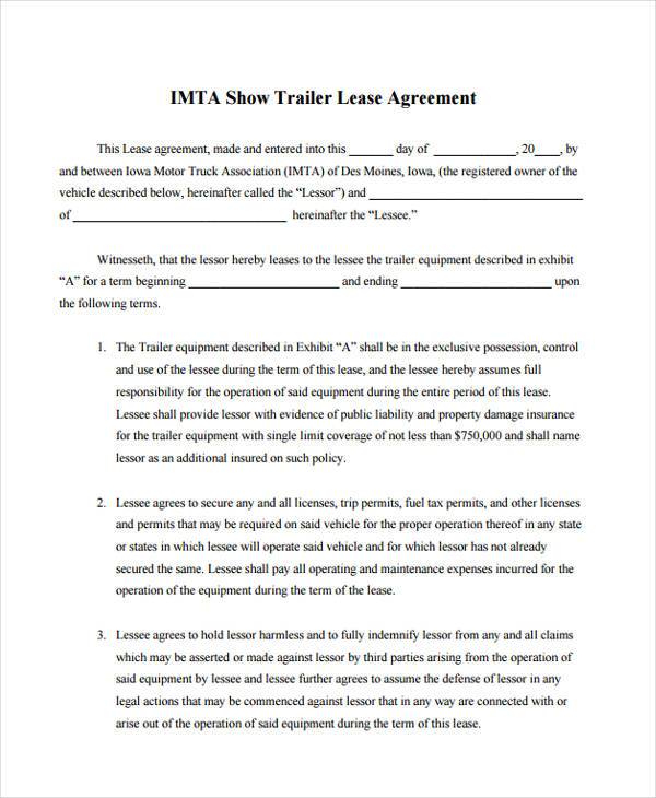 FREE 9 Sample Truck Lease Agreements In PDF MS Word