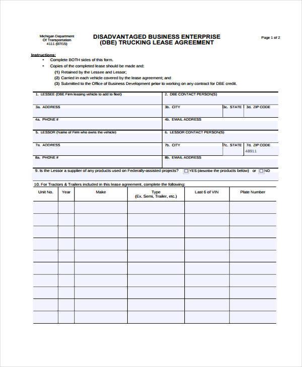 truck lease agreement form