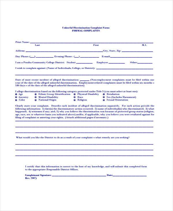 unlawful discrimination complaint form