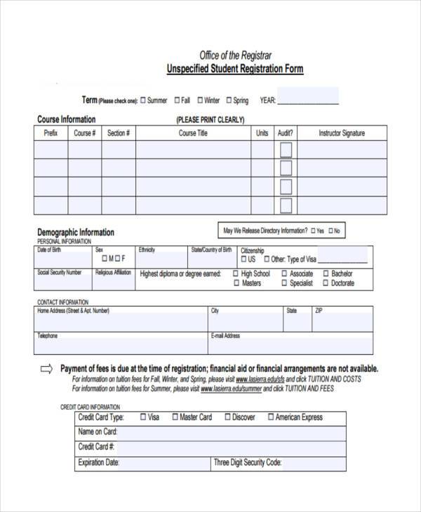 unspecified student registration form