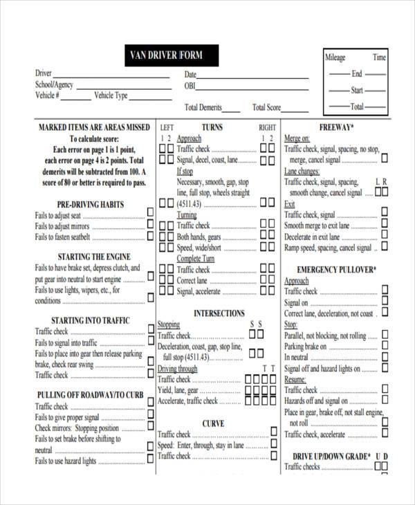 van driver assessment form sample