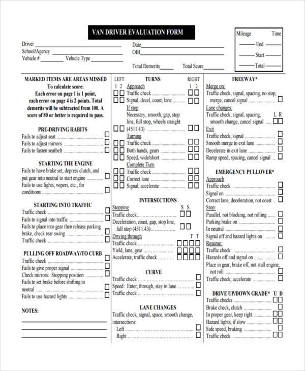 Printable Driver Performance Evaluation Form