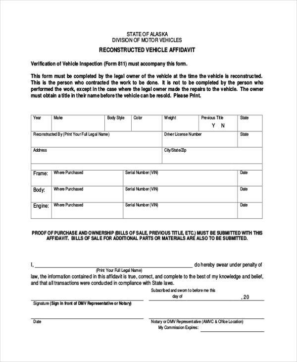 vehicle affidavit form example