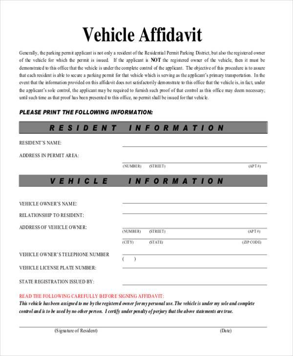 vehicle affidavit form in pdf