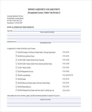 vehicle deposit agreement form
