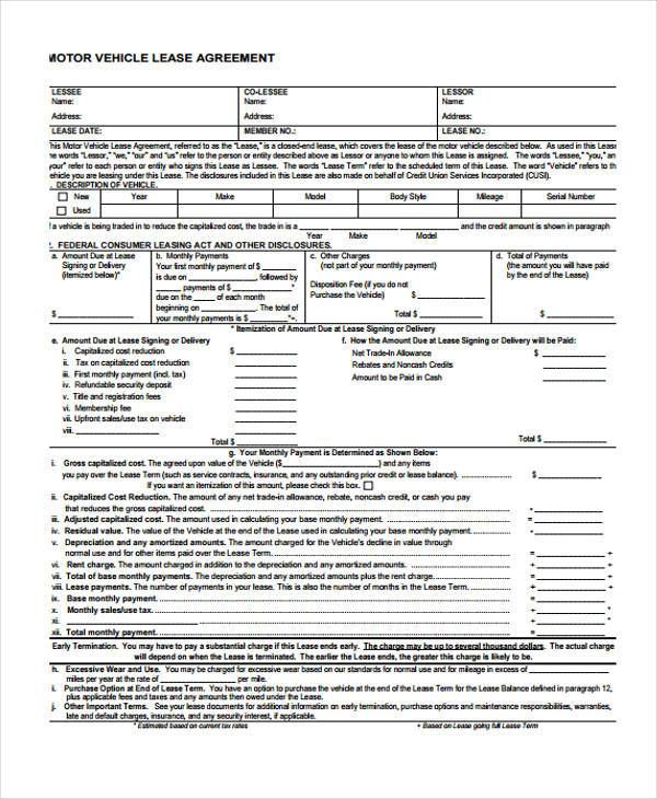 vehicle lease agreement form