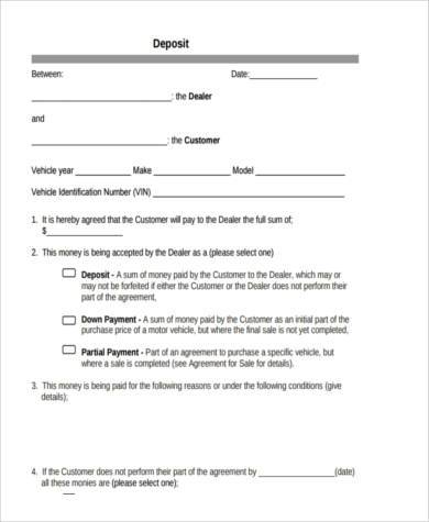 vehicle purchase deposit form