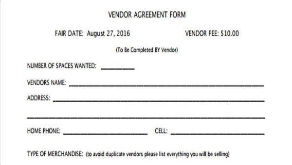 vendor agreement form samples