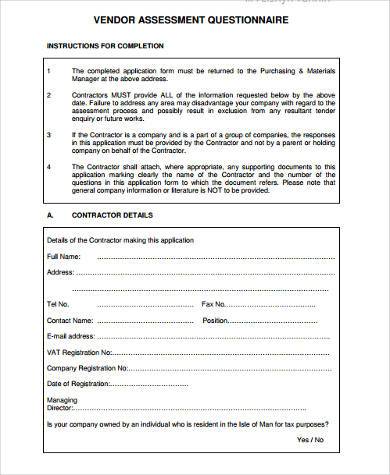 vendor assessment questionnaire form