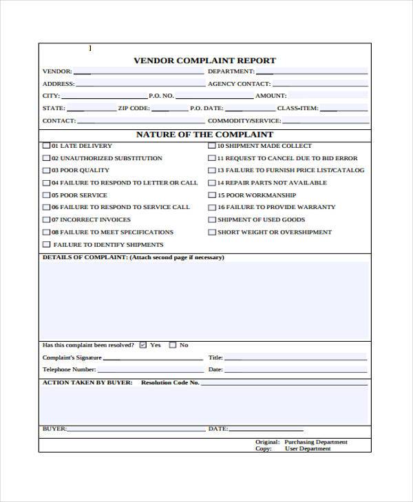 vendor complaint form example