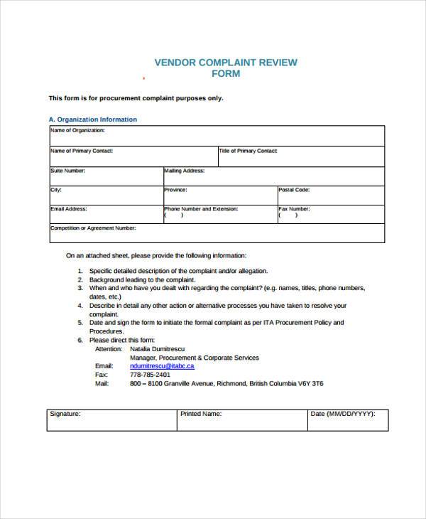 vendor complaint review form
