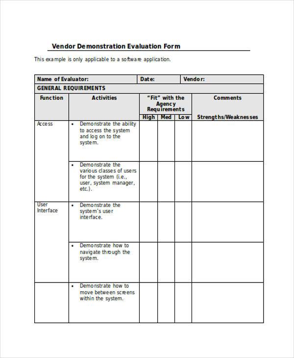 vendor demonstration evaluation form