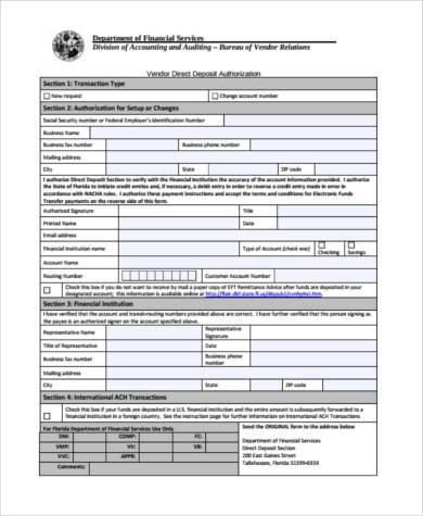 vendor direct deposit authorization form