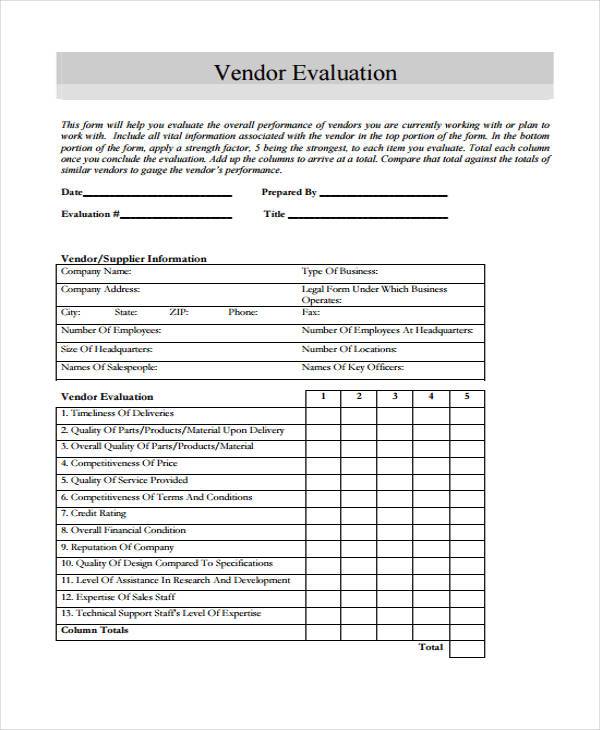 get form example Free Documents Sample in Forms Evaluation   Vendor  9 Word