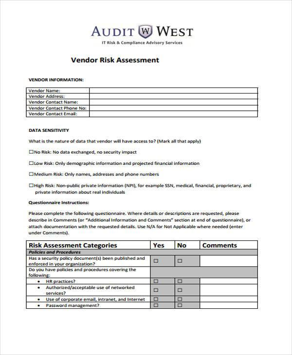 vendor management risk assessment form