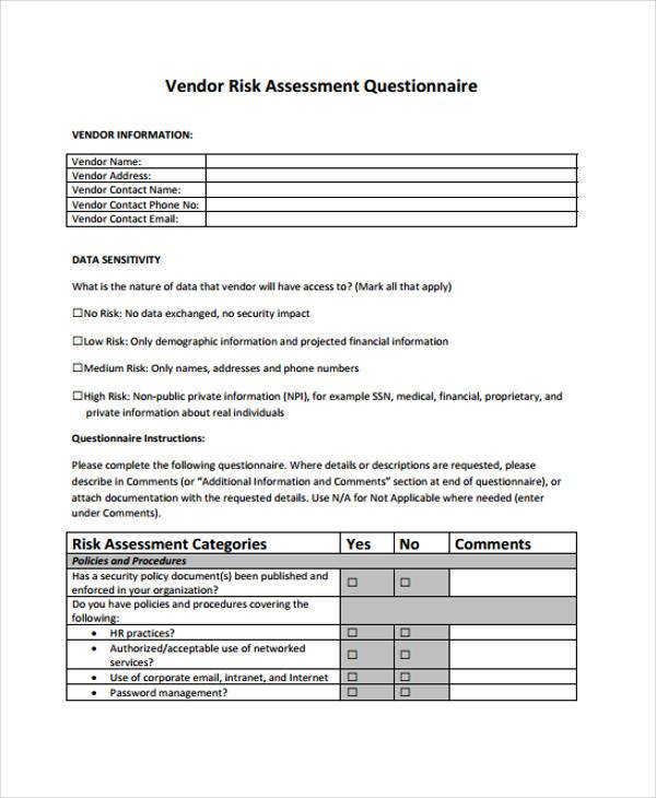 vendor quality assessment questionnaire form