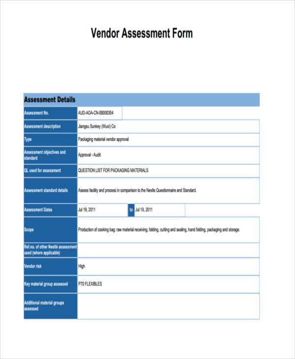 vendor risk assessment form sample