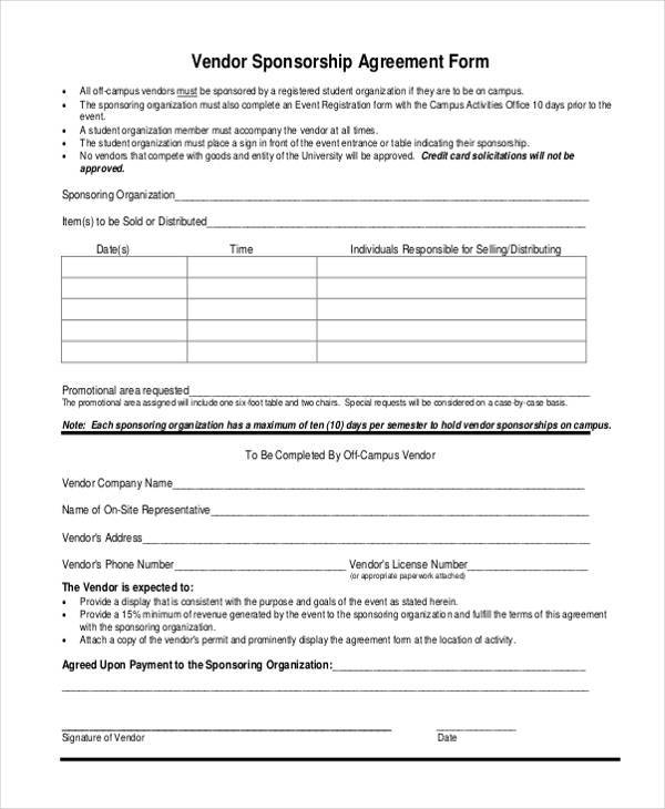 vendor sponsorship agreement form sample