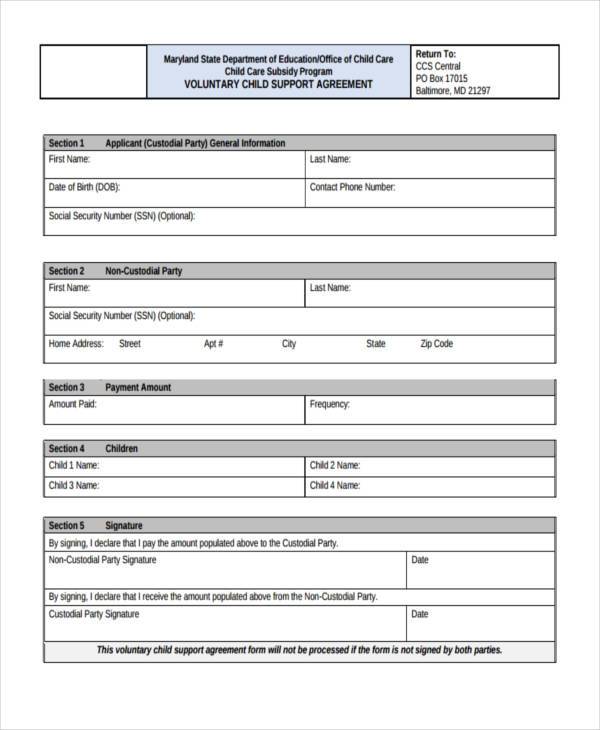 voluntary child support agreement form
