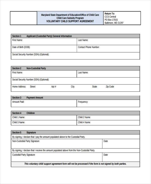 child support agreement template free download