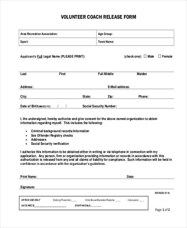 volunteer coach release form
