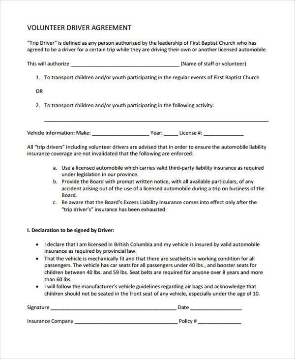 volunteer driver agreement form sample