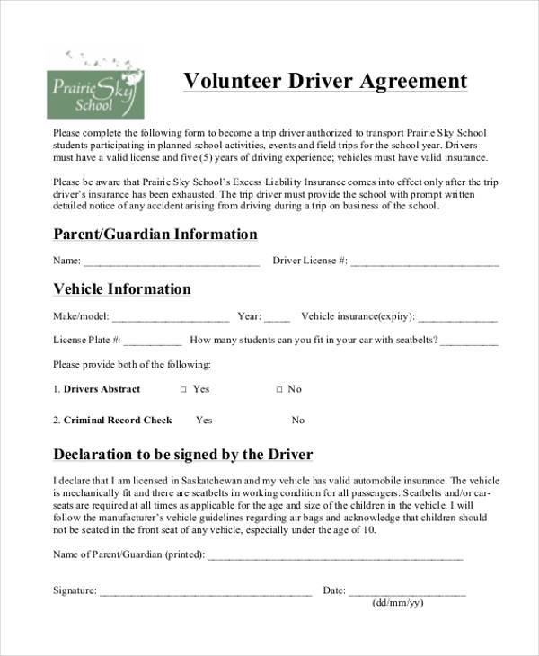 volunteer driver agreement form
