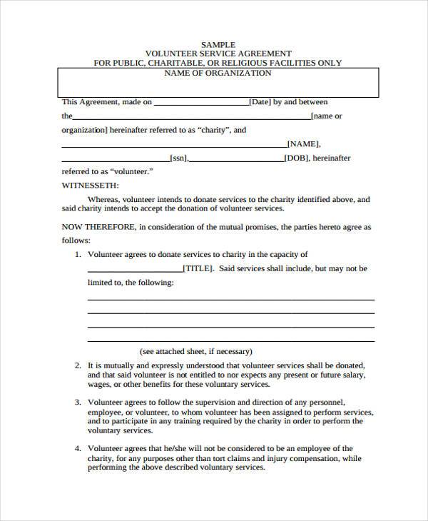 volunteer service agreement form example