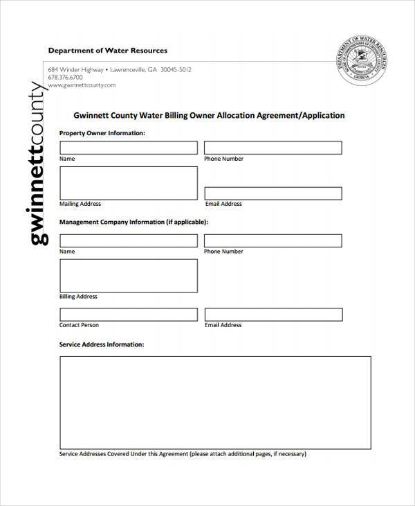 water billing owner allocation agreement form