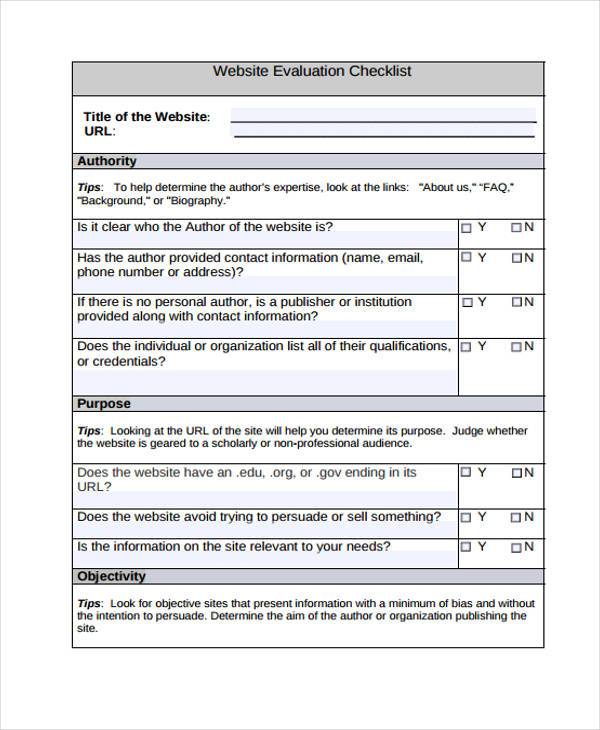 website evaluation check list form