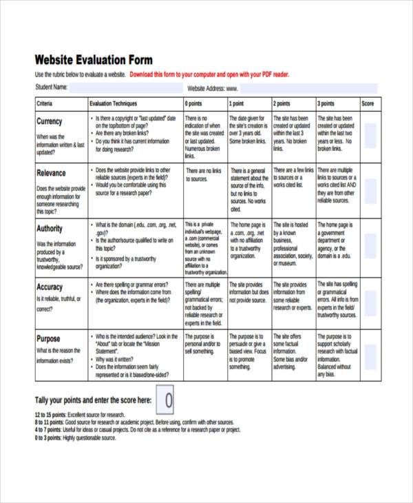 website evaluation form sample