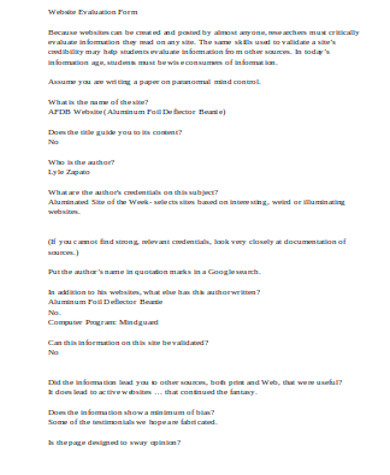 FREE 12+ Website Evaluation Form Samples, PDF, MS Word, Google Docs
