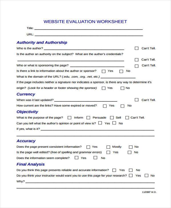 website evaluation worksheet form