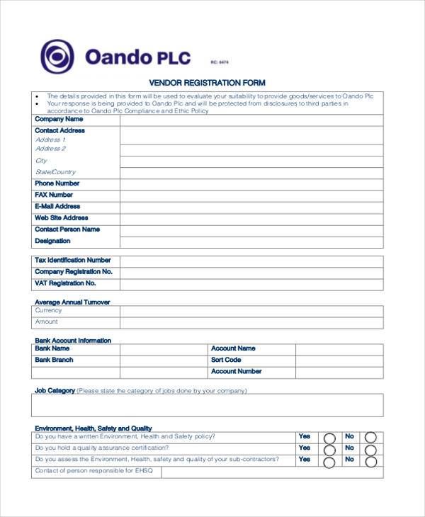 FREE 8+ Vendor Registration Forms in PDF Excel MS Word