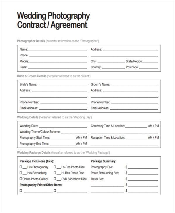 wedding photography contract agreement form