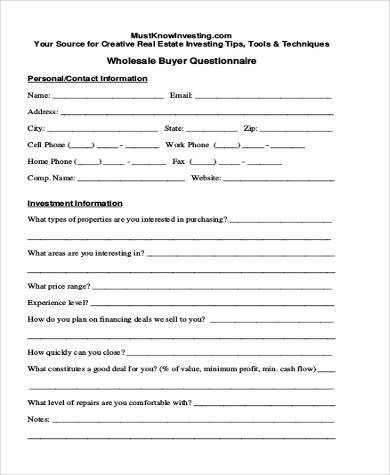 wholesale buyer questionnaire form