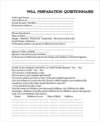 will preparation questionnaire form